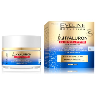 Eveline BioHyaluron 3 x Retinol System Ultra Moisturising Skin Structure Improving Day & Night Face Cream 40+ (50ml)