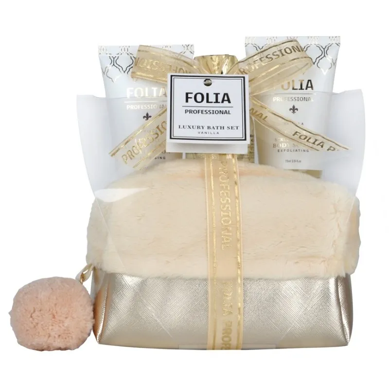 FOLIA Gold Nesseser Vanilla – Γυναικείο Σετ Δώρου σε Νεσεσέρ με Shower Gel, Body Lotion & Body Scrub