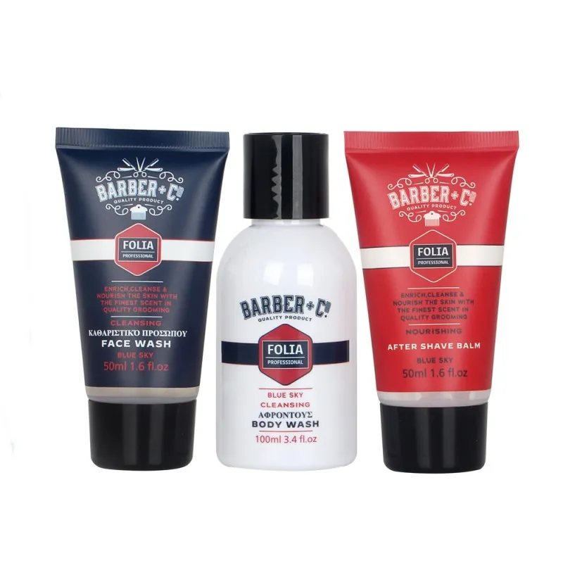 FOLIA Men's Gift Set Blue Sky Barber + Co – Ανδρικό Σετ Δώρου σε Νεσεσέρ με Body Wash, Face Wash & After Shave Balm