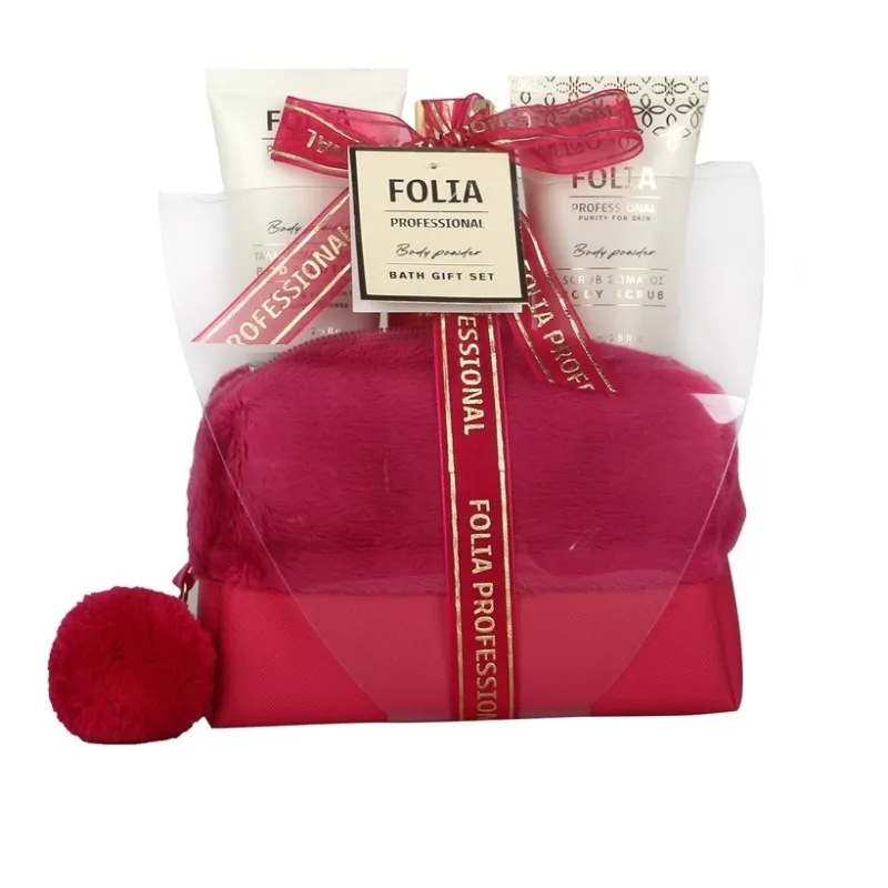 FOLIA Red Nesseser Body Powder – Γυναικείο Σετ Δώρου σε Νεσεσέρ με Shower Gel, Body Lotion & Body Scrub